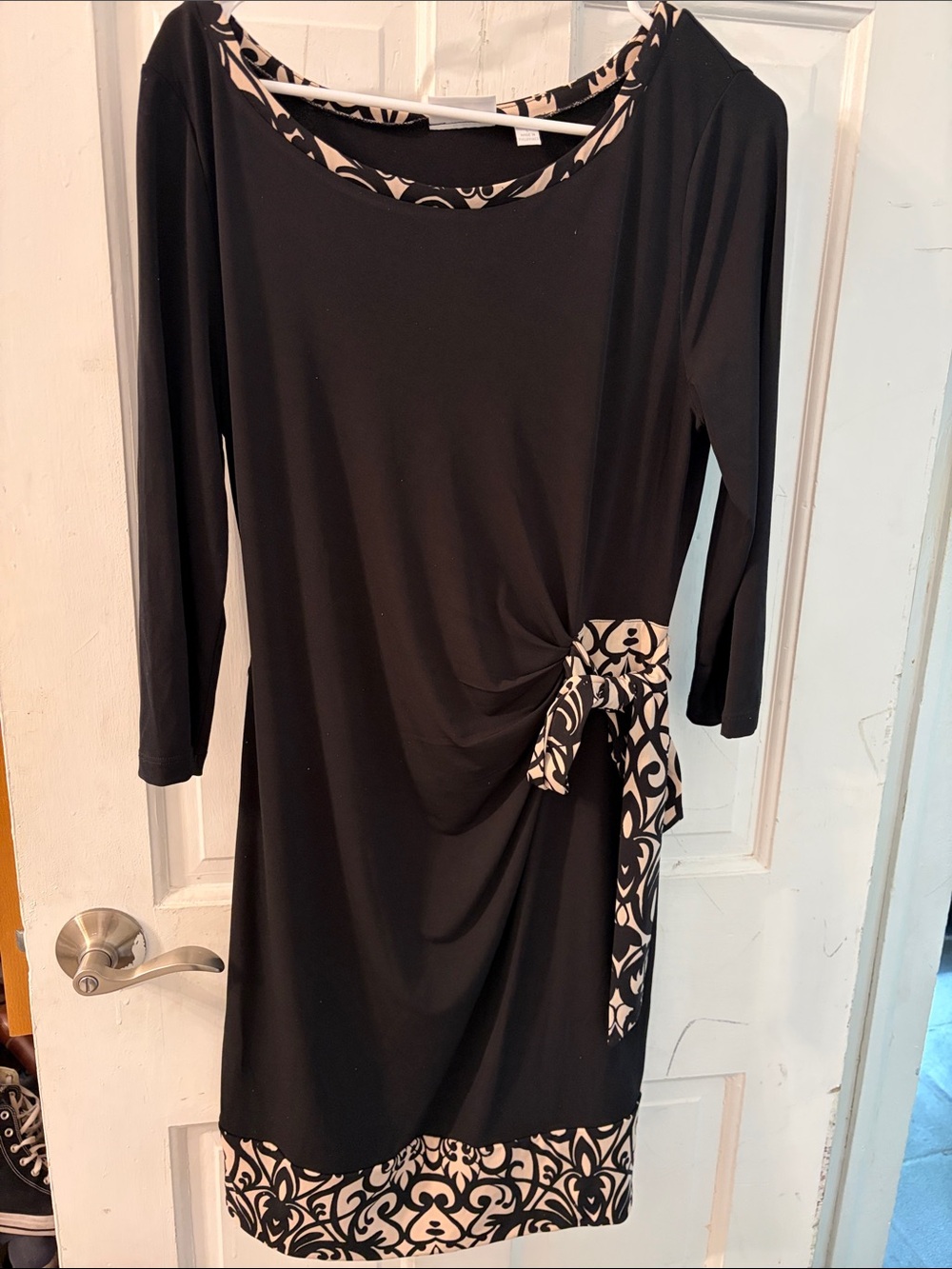 New York & Company Black Dress with Cream Patterned Trim and Side Tie